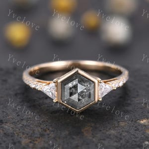 Vintage Hexagon Cut Salt Pepper Diamond Engagement Ring,Triangle Moissanite Band,14K Gold Bridal Ring,Art Deco Women Ring Promise Gift