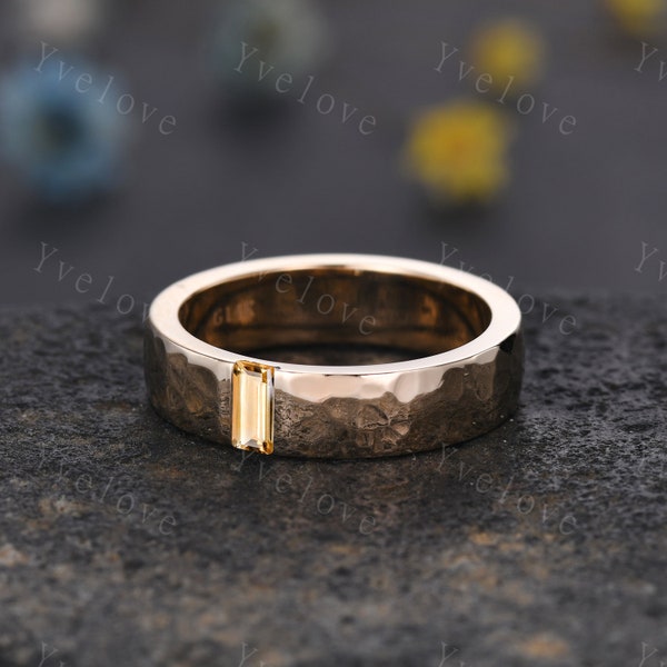 Anillo de boda citrino para hombre, corte baguette, banda citrina amarilla, anillo de oro macizo de 5mm, banda a juego martillada para hombre, anillo Vintage Retro, regalo