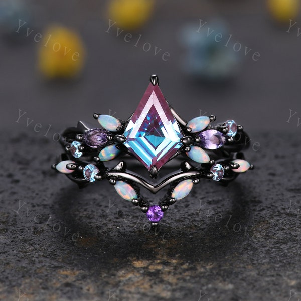 Vintage Drachen Alexandrit Verlobungsring Set, Schwarz Gold, Reben Amethyst Opal Ring, Frauen Braut Set, Einzigartiger Zweig Jahrestag Versprechen Ring Geschenk