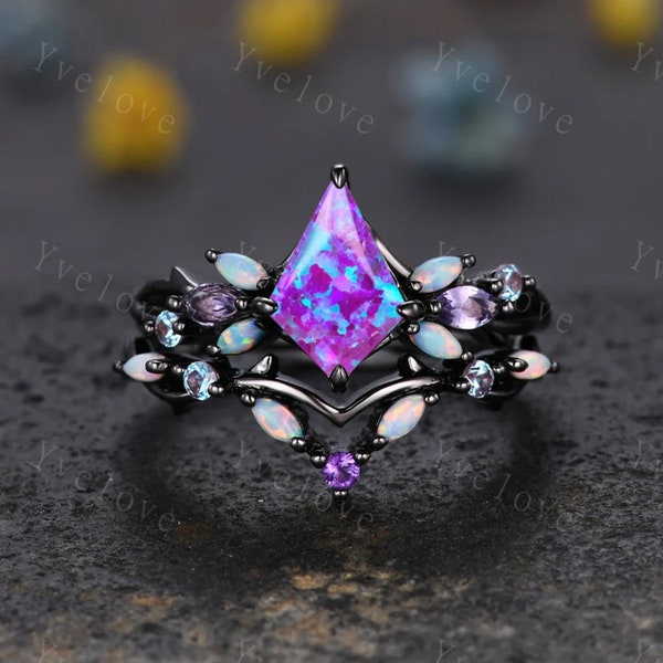 Vintage Kite Cut Lavender Opal Engagement Ring Set,Black Gold Ring,Vines Amethyst Opal Ring,Women Bridal Set,Unique Twig Promise Ring Gift