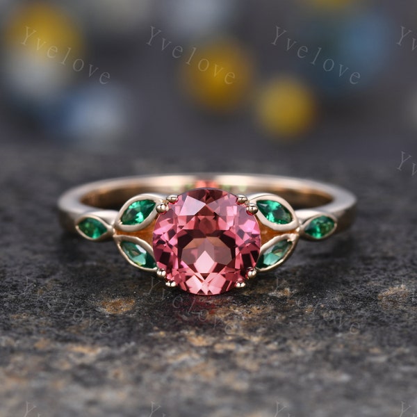 Bague de fiançailles en saphir Padparadscha de forme ronde de 7 mm, bague émeraude saphir unique, émeraude marquise, bague en or, bague de promesse, cadeau d'anniversaire