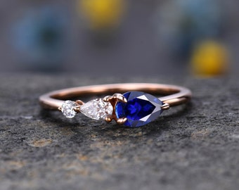 Vintage Sapphire Ring Engagement Ring,Pear Cut Gems,Art Deco Moissanite Wedding Band,3 Stone Unique Women Bridal Promise Ring,Rose Gold