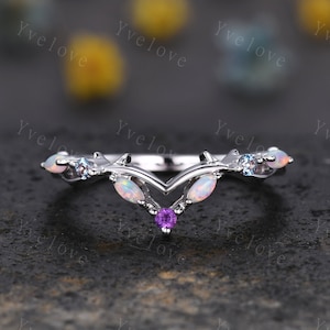 Antieke amethist opaal trouwring alexandriet ring, bijpassende band vrouwen takje, art deco V gebogen tak trouwring, zilveren ring, aangepast