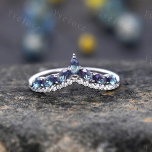Unieke alexandriettrouwring, alexandriettrouwring, marquise alexandrietring, gebogen V-stapelringen, diamanten ring, 14k witgouden ring