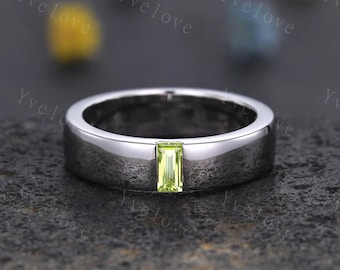 Mens Peridot Wedding Band Baguette Shaped Peridot Band 5mm Solid White Gold Ring Mens Stacking Matching Band Retro Vintage Ring Gift Custom