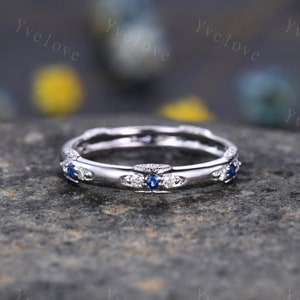 Antique Sapphire Wedding Band Eternity Blue Sapphire ring Sterling Silver September Birthstone Promise Anniversary Gift for Her Handmade