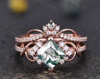 Vintage princess cut green moss agate engagement ring set 14k rose gold women diamond ring unique twist bridal wedding ring handmade gift