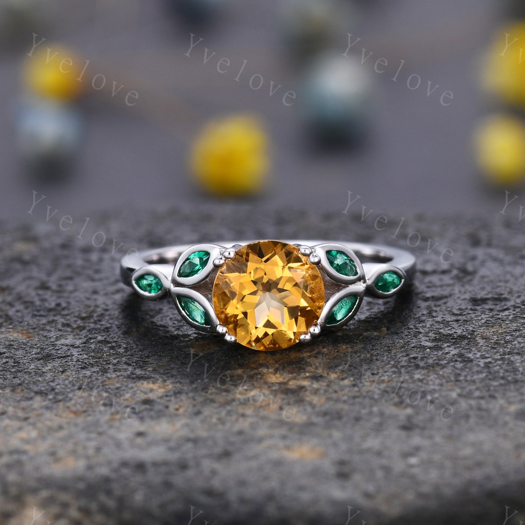 7mm Round Citrine Engagement Ring Leaf Marquise Emerald Stones Vintage  Yellow Citrine Wedding Ring Floral Ring Promise Anniversary Gift - Etsy  Israel