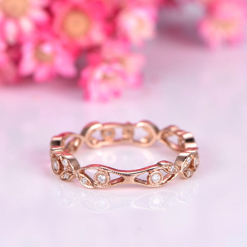 Floral Diamond Wedding Band Rose Gold Full Eternity Wedding Etsy