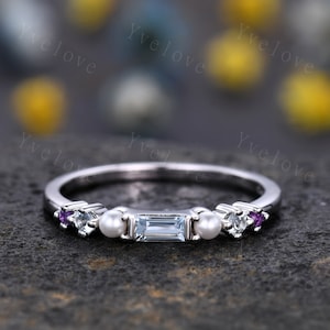 Minimalist Baguette cut alexandrite band danity pearl amethyst wedding band women stackable matching band white gold personalized ring gift image 8