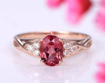 Tourmaline ring 1.35ct pink tourmaline ring full cut diamond wedding band diamond engagement ring soild 14k rose gold promise ring