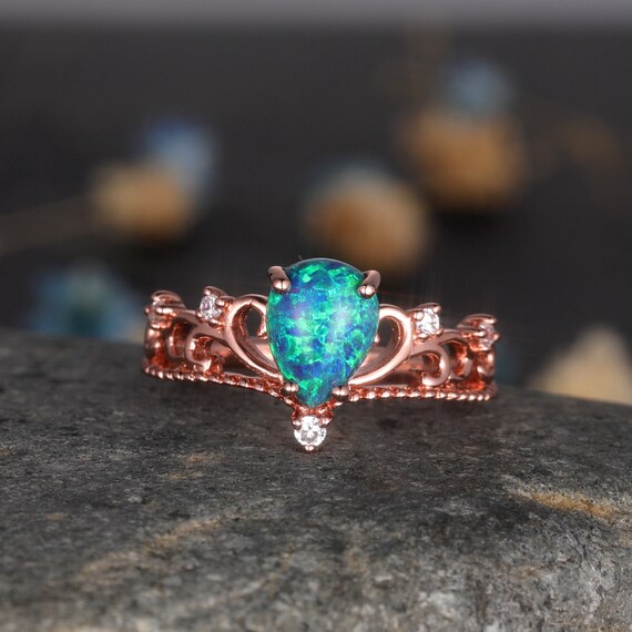 Black Opal Wedding Ring Rose Gold Diamond Engagement Ring | Etsy