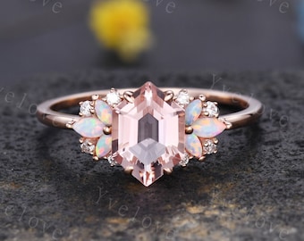 Vintage Hexagon Morganite Opal engagement ring,Unique Marquise Opal Ring,Cluster Ring,Rose Gold,Women Bridal Wedding Band,Statement Ring