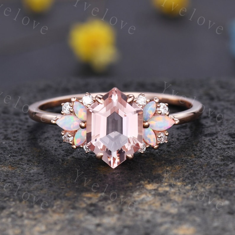 Vintage Hexagon Morganite Opal engagement ringUnique Marquise image 1