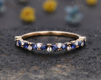 Marquise sapphire wedding band vintage sapphire ring yellow gold moissanite antique unique stacking band anniversary promise matching band