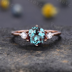 Art Deco Alexandrite Engagement Ring,Three Stone Moissanite Matching Band Color change alexandrite Ring,Rose Gold Bridal Wedding Set For Her