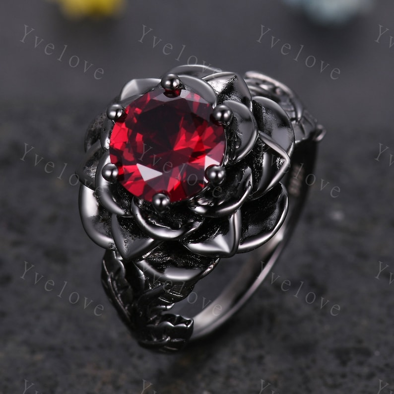 round ruby engagement, black gold band,rose  flower ring,gift for wife, gift for her,vintage petal leave band