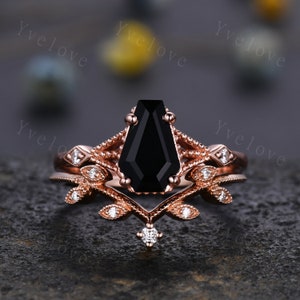 Vintage Coffin black onyx ring set diamond wedding ring Unique black onyx engagement ring women rose gold diamond matching band promise ring