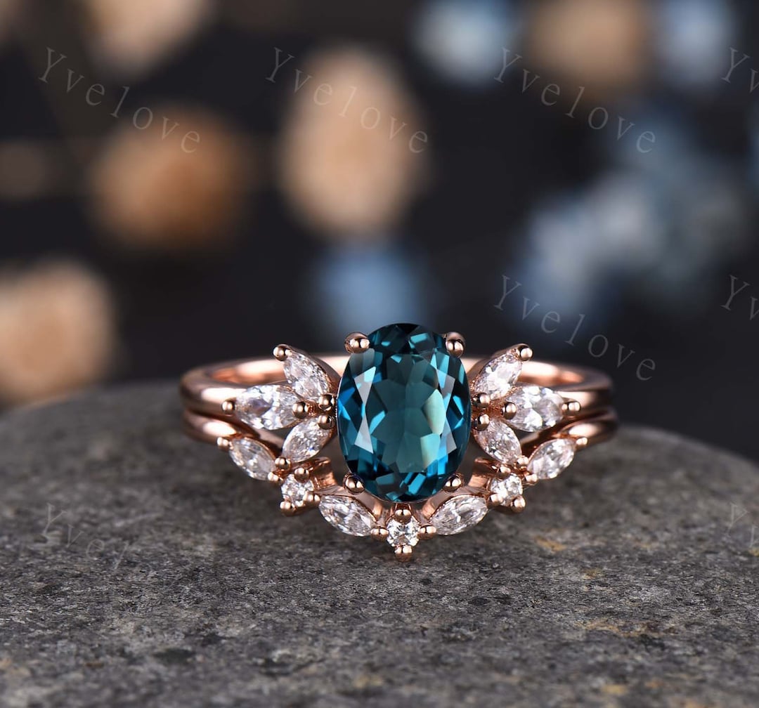 London Blue Topaz Engagement Ring Set Art Deco Ring Women Stacking ...