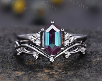 Retro Long hexagon Alexandrite Ring,Vintage Sterling Silver Ring Set,Unique Engagement Ring,Promise Ring,Anniversary Brial Ring Gift For Her