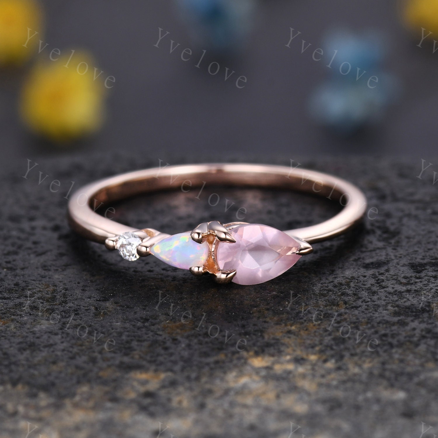 Unique Rose Quartz Opal Engagement Ring pear Cut Gems art Deco