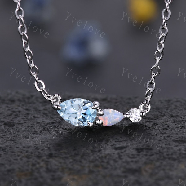 Unique Aquamarine Opal Necklace,Pear Cut Gems,Art Deco Moissanite Diamond Delicate Dainty Necklace,3 Stone Unique Women Bridal Gift,Silver