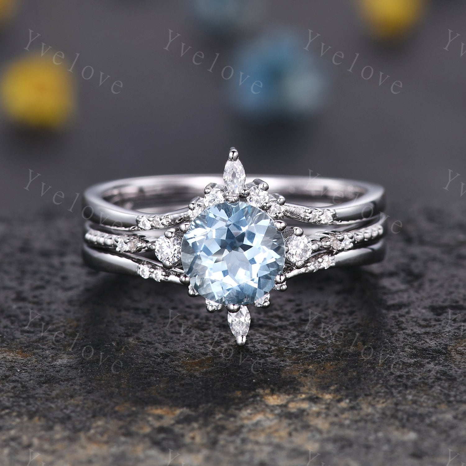 Vintage Blue Sapphire Leaf Engagement Ring Set Solid 10K/14K/18K White –  PENFINE