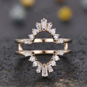 Vintage Baguette Diamond Enhancer Band Solid Gold Diamond Ring Wrap Guard Engagement Ring Jacket Enhance Wedding Ring Promise Gift For Her