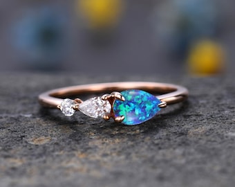 Vintage Black Opal Ring Engagement Ring,Pear Cut Gems,Art Deco Moissanite Wedding Band,3 Stone Unique Women Bridal Promise Ring,Rose gold