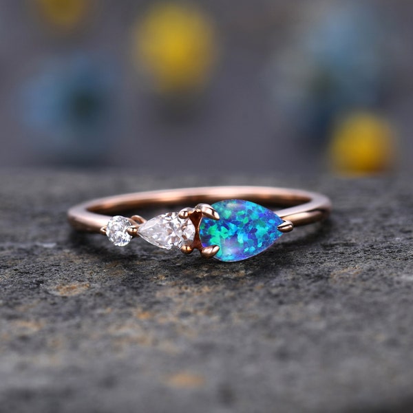 Vintage Black Opal Ring Engagement Ring,Pear Cut Gems,Art Deco Moissanite Wedding Band,3 Stone Unique Women Bridal Promise Ring,Rose gold