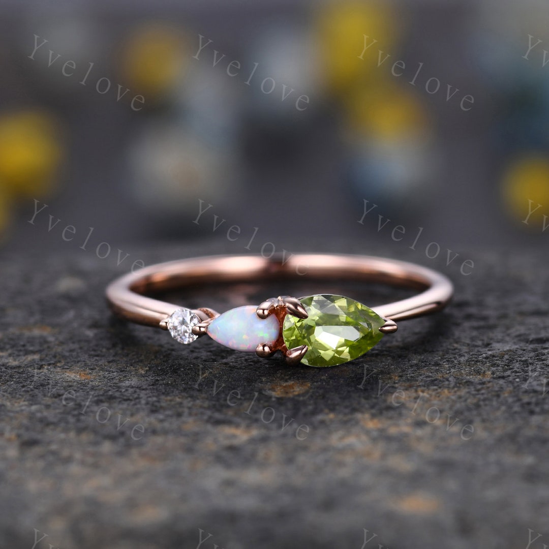 Vintage Peridot Opal Engagement Ring,pear Cut Gems,art Deco Moissanite ...