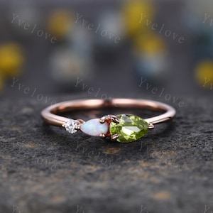 Vintage Peridot Opal Engagement Ring,Pear Cut Gems,Art Deco Moissanite Wedding Band,3 Stone Unique Women Bridal Promise Ring,Customized Gift