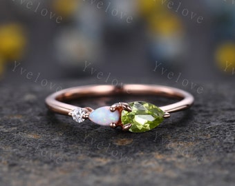 Vintage Peridot Opal Engagement Ring,Pear Cut Gems,Art Deco Moissanite Wedding Band,3 Stone Unique Women Bridal Promise Ring,Customized Gift