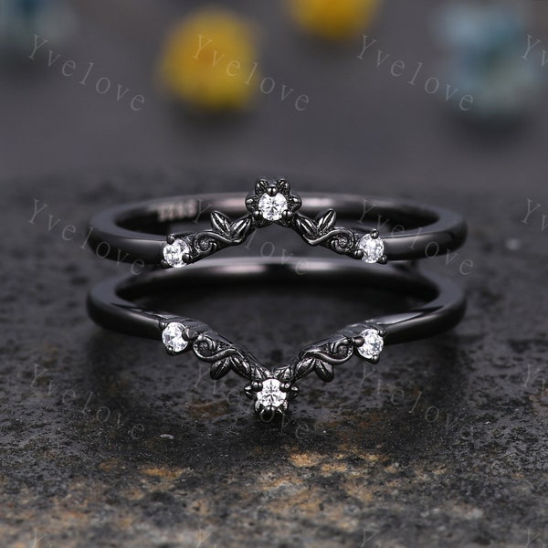 Antique Moissanite Engagement Ring,Vintage diamond Enhancer Stacking Band,Women Matching ring, Retro Curved Wedding Band,Black Metal Ring