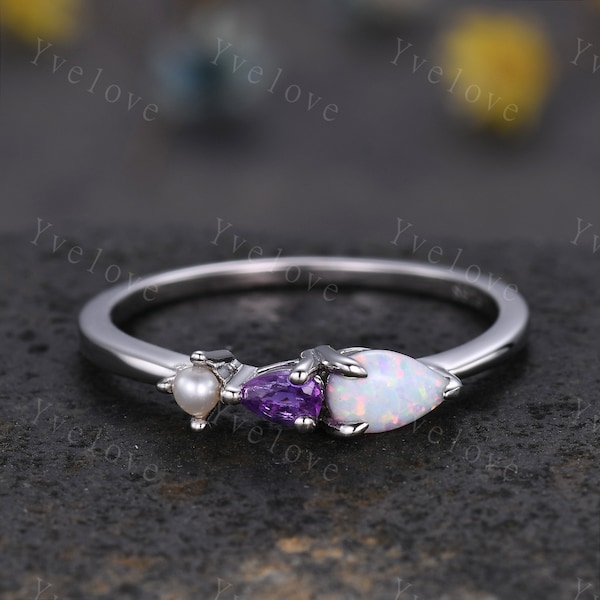 Vintage Opal Amethyst Engagement Ring,Pear Cut Gems,Art Deco Pearl Wedding Band,3 Stone Unique Women Bridal Promise Ring,Gold ring,Custom