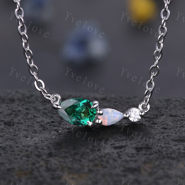 Unique Emerald  Opal Necklace,Pear Cut Gems,Art Deco Moissanite Diamond Delicate Dainty Necklace,3 Stone Unique Women Bridal Gift,Silver