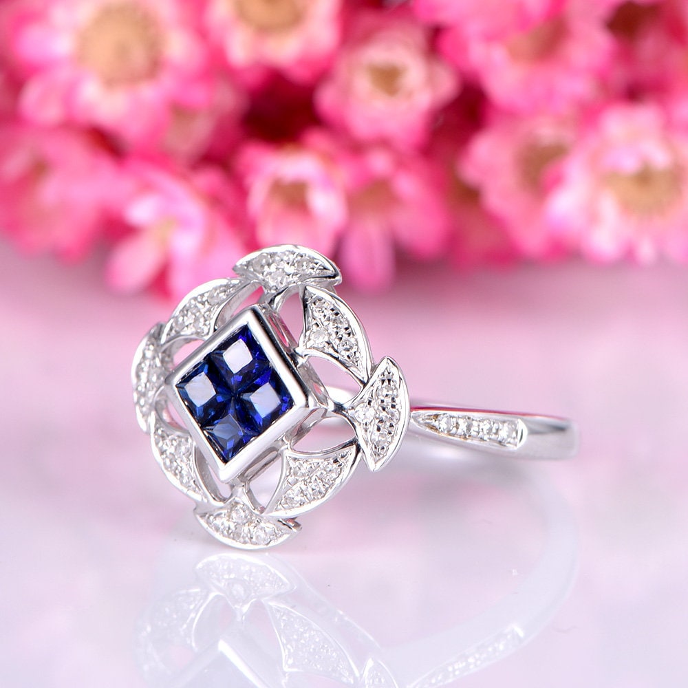 Sapphire Engagement Ring Princess Cut Natural Blue Sapphire | Etsy