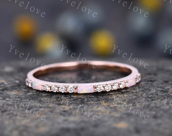 White Fire Opal Diamond Wedding Ring,Baguette Opal,Minimalist Ring,1.5mm Pave Band,14K Rose Gold,Half Eternity StackingBand,Anniversary Gift