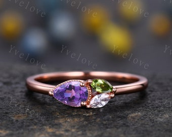 Minimalist Amethyst Engagement Ring,Pear Cut Gem,Art Deco Peridot Moissanite Wedding Band,3 Stone Unique Women Bridal Leaf Cluster Ring Gift