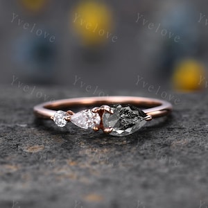 Vintage Salt and Pepper Diamond Engagement Ring,Pear Cut Gems,Art Deco Diamondl Wedding Band,3 Stone Unique Women Bridal Promise Ring Gift