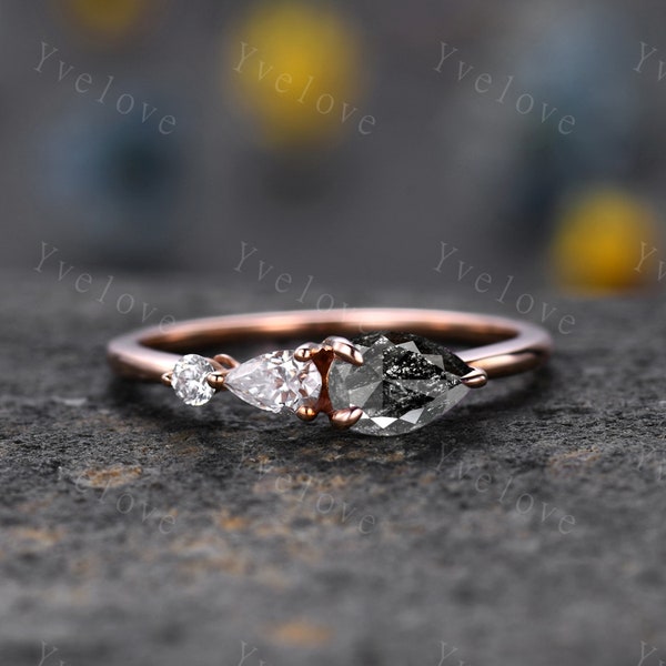 Vintage Salt and Pepper Diamond Engagement Ring,Pear Cut Gems,Art Deco Diamondl Wedding Band,3 Stone Unique Women Bridal Promise Ring Gift