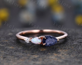 Vintage Sandstone Opal Engagement Ring,Pear Cut Gems,Art Deco Moissanite Wedding Band,3 Stone Unique Women Bridal Promise Ring,Customized