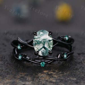 Unique Twig Oval Moss Agate Engagement Ring Set,Vintage Leaf Emerald Ring,Black Gold Branch Ring,Art Deco Promise Bridal Wedding Ring Set