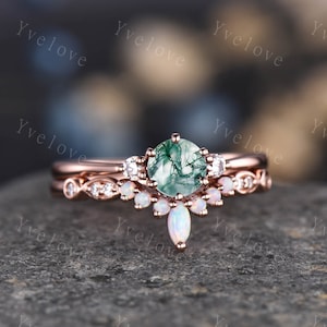 Moss agate ring set diamond engagement ring rose gold eternity opal curved stacking matching band promise jewelry Christmas gift for her Mom