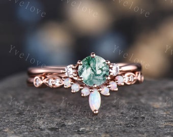 Moss agate ring set diamond engagement ring rose gold eternity opal curved stacking matching band promise jewelry Christmas gift for her Mom