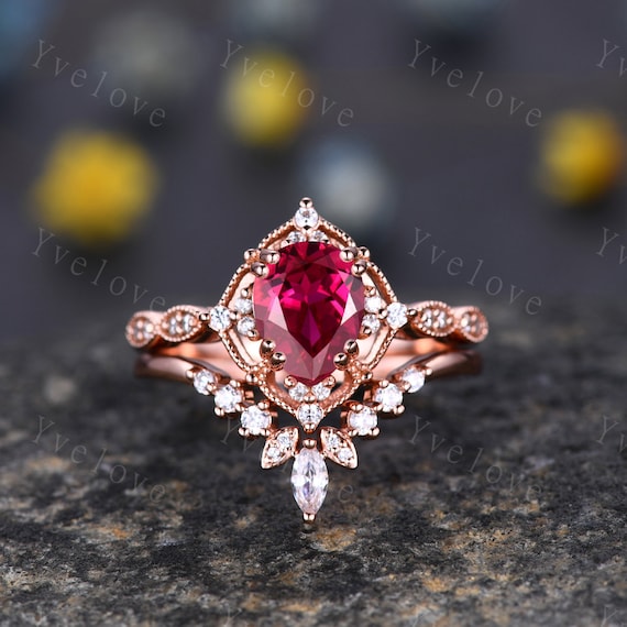 Vintage Red Ruby Engagement Ring Set 6x8mm Pear Ruby Bridal Set