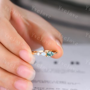 Unique Moss Agate Opal Engagement Ring,Pear Cut Gems,Art Deco Moissanite Wedding Band,3 Stone Unique Women Bridal Promise Ring,Customized image 10