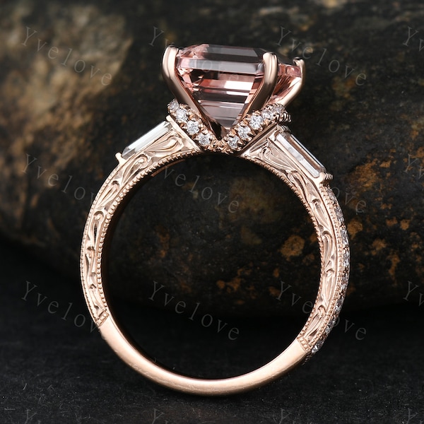 Asscher corte anillo de compromiso de morganita rosa art déco piedra preciosa natural baguette diamante alianza 14k oro rosa tallado a mano milgrain Anillo