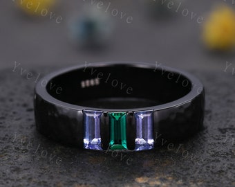 Mens Emerald Tanzanite Wedding Band Baguette Cut Gems Band 5mm Black Band Ring Mens Hammered Stacking Matching Band Retro Vintage Ring Gift