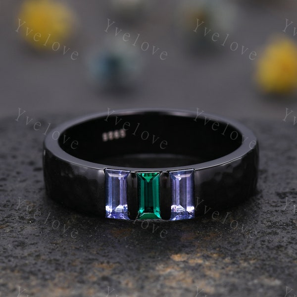 Mens Emerald Tanzanite Wedding Band Baguette Cut Gems Band 5mm Black Band Ring Mens Hammered Stacking Matching Band Retro Vintage Ring Gift